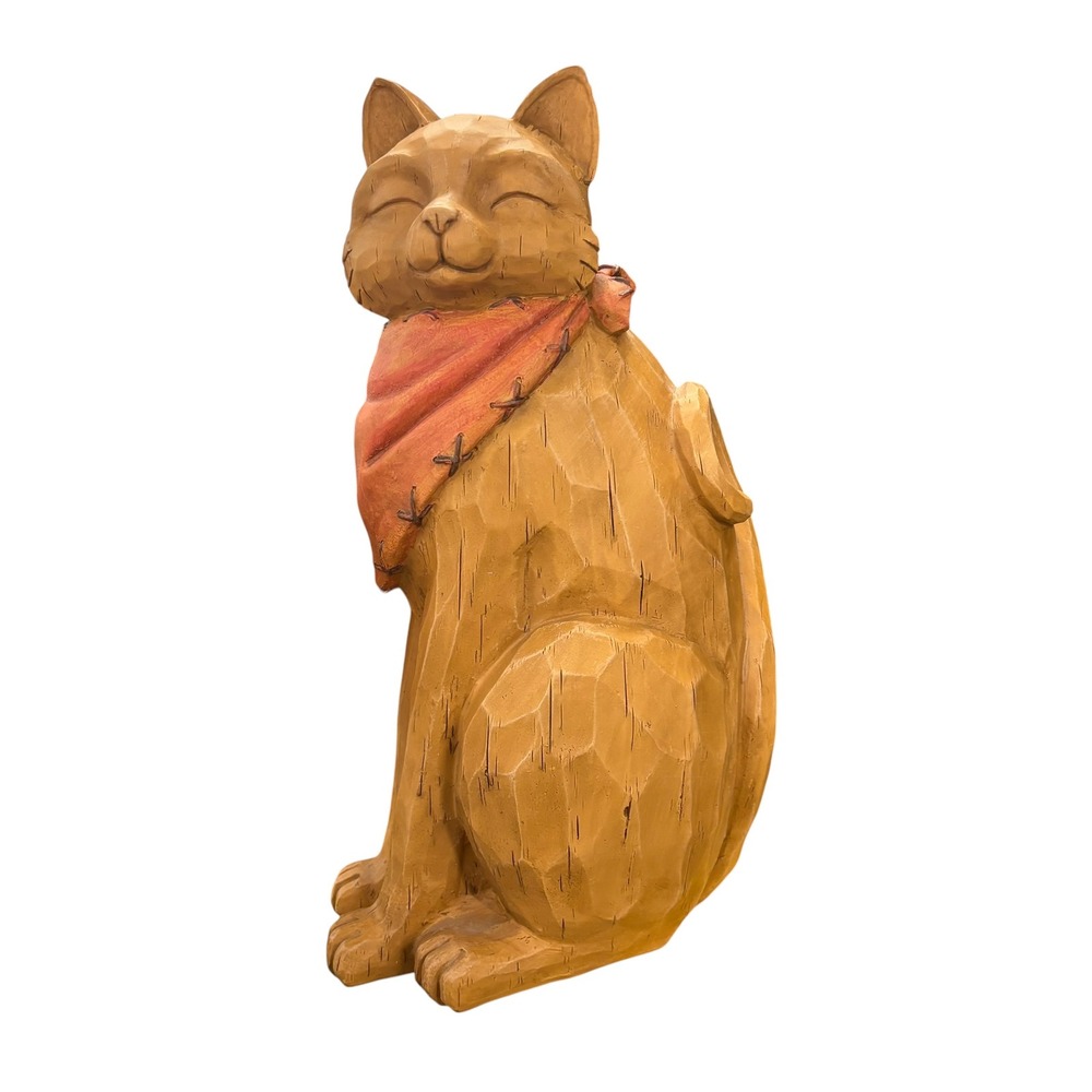 LG Sourcing‎ Rustic Faux Wood Carved Cat Figurine Bandana 13x6"
